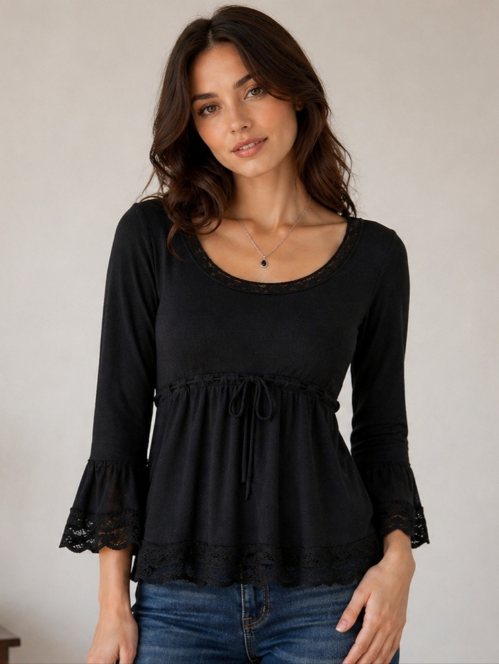 The Limited Babydoll Top Black Lace Trim Scoop Neck Bell Sleeve Cinch Waist M